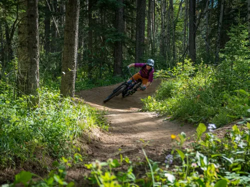 Banking a berm at the Hinton Bike Park in Hinton, AB.