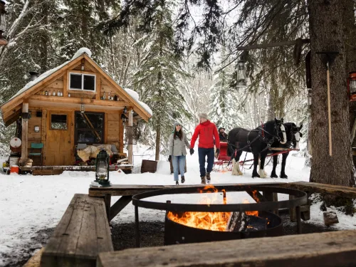 Smithers BC sleigh ridge couple fire cabin