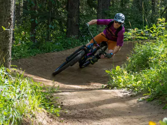 Banking a berm at the Hinton Bike Park in Hinton, AB.