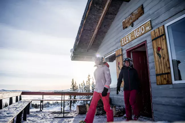 Hudson Bay Smithers British Columbia Skiers Walking On Deck Above Clouds Midday Evan Dux SnowSeekers